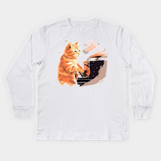 Cat playing piano Kids Long Sleeve T-Shirt